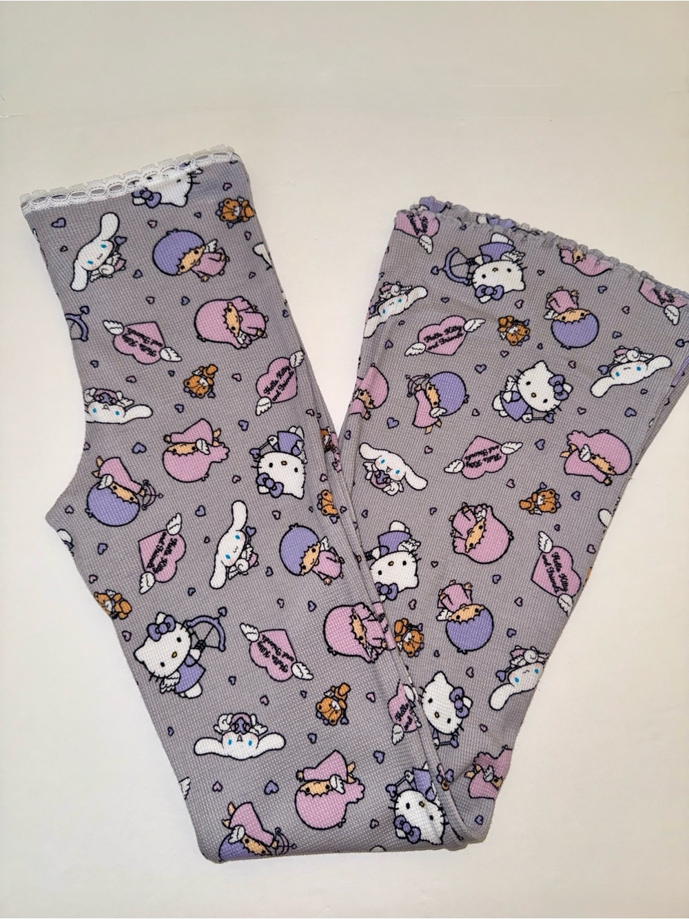 Hello Kitty x F21 Lounge Pants Lavender Lace Trim Waist 100% Cotton Size Small